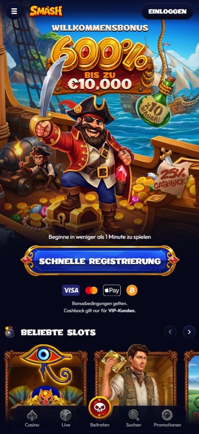 Förhandsvisning av Smash Casino affiliate-landningssida